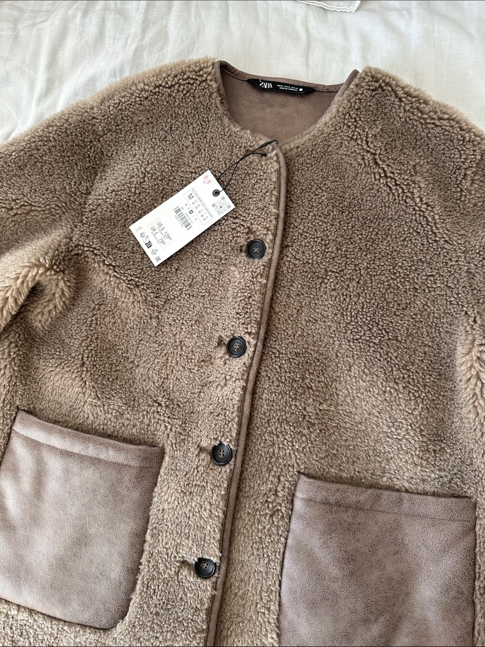 NWT Zara Taupe Plush Teddy Button Up Fleece Jacket - Picture 12 of 14